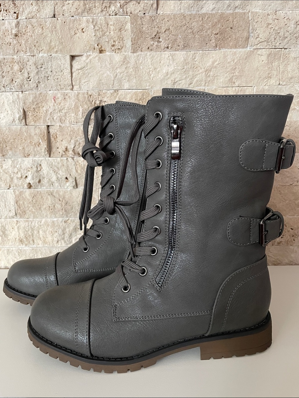 Women’s Gray Lace-Up Boots with Side Zipper by Dream Pairs
